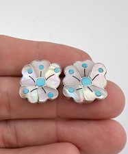 Vtg SONNY WALLACE Zuni Sterling Silver MOP & Turquoise DESERT ROSE Post Earrings picture