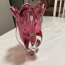 Vintage Josef Hospodka Cribaska Blown Glass Cranberry Vase Czechoslovakia 9” picture