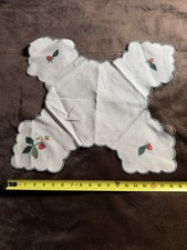 Vintage 1970s Handmade Embroidered Strawberry Table Topper Scalloped Edge picture