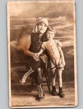 c1915 Bathing Beauty Woman & Child Studio Beach Backdrop Artura RPPC Postcard picture