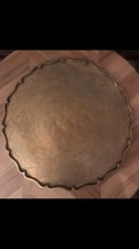 Vintage Mid Century Asian Etched Brass Tray Large 22” Lotus Blossom Rim  picture
