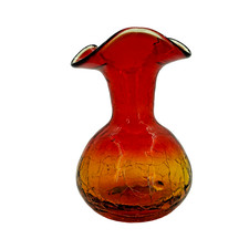 Vintage Amberina Hand Blown Crackle Glass Vase Ruffle Rim 4” picture