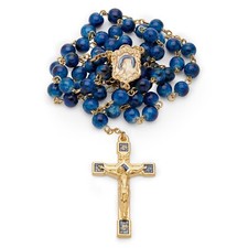 Golden Rosary Blue Glass Beads Catholic Prayer Necklace from Vatican Francis picture