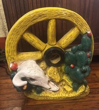 Large Hand Painted Ceramic Western Wagon Wheel Cactus Skull Southwestern 23” picture