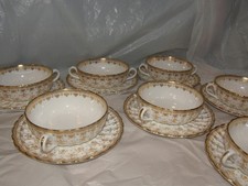 Lot of 7 sets of  Spode Fleur de Lys Gold Cream Soup Bowl / Caps & Saucer picture