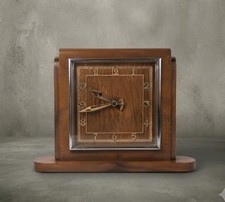 Vintage Art Deco Garrard Mantel Clock Veneered Wood Chrome Bezel Arabic Numbers picture