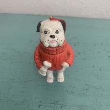 Cannon fatally Bulldog Mascot Red Turtle Neck Holding Bone Christmas Ornament 3” picture