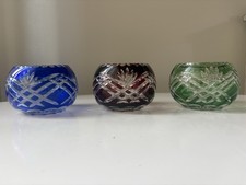Vintage Bohemian Glass Cut Bowls Candle Holder Cobalt Blue Green Red Set of 3 picture