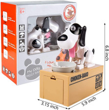 Hungry Puppy Dog Automatic Mechanical Piggy Bank. White & Black New In Box picture