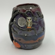 Studio Art Pottery Halloween Owl Bats Pumpkin Lantern Luminary Signed 2018 picture