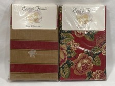 VTG English Florals King Size Pillowcases Red/Tan/Green Floral/Stripe - 4 picture