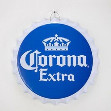 Corona Extra Beer Crown Logo Bottle Cap Shaped Metal Sign Game Room Man Cave Bar picture