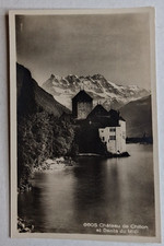 Lake Geneva Switzerland Chateau de Chillon Dents du Midi Mountains RPPC Postcard picture