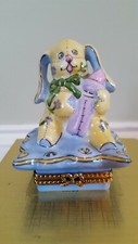 NIB Limoges France RCM Blue Bunny Rabbit w/Baby Bottle Hand Painted Hinged Box  picture