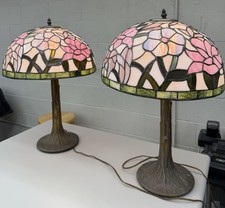 Pair Tiffany Style Stained Glass Floral Table Lamps 23” Tree Trunk Made in USA picture