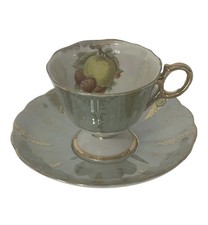 Vintage Linmark Japan Fruit & Gilt Cup & Saucer Pale Green Gold Trim picture