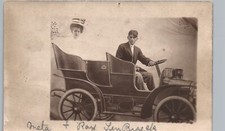 RIDING SILLY PROP CAR real photo postcard rppc arcade automobile man woman picture