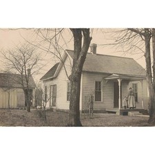 Antique AZO Real Photo Postcard RPPC Farmhouse Woman and Child on Porch Sepia picture