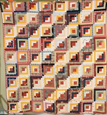 Vintage 1870's Straight Furrows Log Cabin Antique Quilt, Red & Cheddar Accents picture