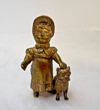 Antique Bronze Victorian Little Girl & Pet Pug Dog Miniature Figure picture