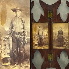 Antique 19thC Armed Cowboy Gun Chaps Hat Western Portrait Photo Tintype Album picture