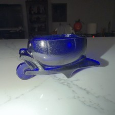 Vintage cobalt blue Glass wheel barrow salt dip cellar picture