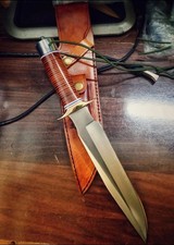 CUSTOM HANDMADE D2 STEEL LEATHER STACK HANDLE BOWIE KNIFE WITH LEATHER SHEATH. picture