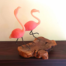 Pair Pink Flamingo Bird Figurines on Wood Base Decorative Sculpture picture