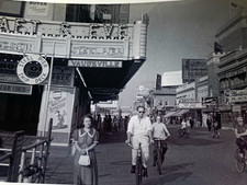 Vtg B&W photo 1930s Atlantic City Boardwalk people bicycles street signage picture
