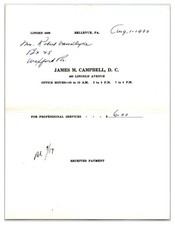 Original 1950 James M. Campbell D.C. Doctor Office Receipt - Bellevue, PA Doc picture