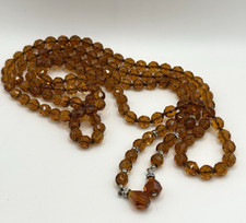 Vintage Cognac Amber Faceted Glass Lariat Necklace Teardrop Pendant Ends picture