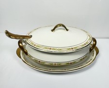 Antique 1916 Homer Laughlin EMPRESS Soup/Veg Tureen Set Underplate & Ladle Gold picture
