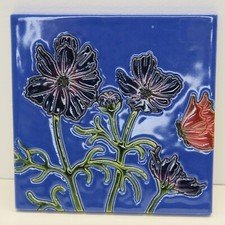 Fleur McLauchlan Art Pottery Clay Wall Tile Plaque Carved Blue Flowers Butterfly picture