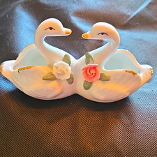 Ceramic Double Swan Planter White Gold Trim Pink Rose Floral Glossy Finish picture