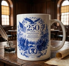 USA 250 Anniversary Mug 11oz Declaration of Independence Made in USA Delft Blue picture
