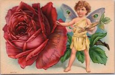 1910 HAPPY BIRTHDAY Embossed Postcard / Fairy with Butterfly Wings / Red Rose picture
