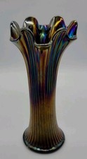 Northwood Iridescent Carnival Glass Fine Rib Vase Amethyst Base 9½
