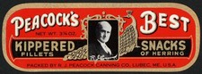 Vintage label PEACOCKS BEST Kippered Snacks of Herring man pictured Lubec Maine picture