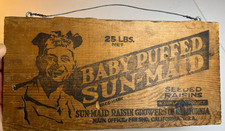 Antique Sun-Maid Baby Puffed Raisins Wooden Crate Sign Plaque Fresno California picture
