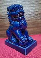 Vintage Chinese Foo Dog 8.5” Ceramic Guardian Lion Blue Glaze Threshold 2014 picture