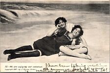 Two Beautiful Girls On The Beach Antique Postcard With A 1908 Stamped Postmark picture