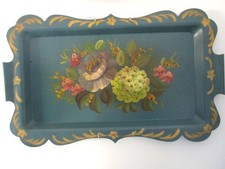 Rare Hand Painted Antique Teal Blue Floral Serving, Display, Tole Tray w/ Hanger picture