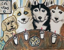 ORIGINAL signed 11 x 14 pastel dog art painting KSams Husky and Poodle at Cafe picture