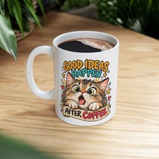 Good Ideas Happen After Coffee Cat Coffee Mug Cute Animal Ceramic Cup 11oz picture