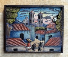 Vintage Collectible Mexican Folk Art Wood Bas Relief Man, Donkey, City Landscape picture