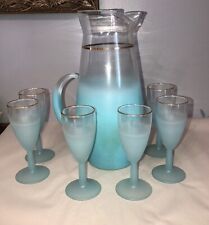 7 Pc. Set Vintage Blendo Pitcher & Glass Set Frosted Aqua Blue Gold Rim Glasses picture