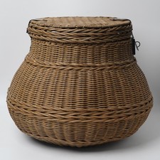 Pottery Barn Jacquelyne Lidded Barrel Basket Wicker Rattan Storage Hamper Boho picture