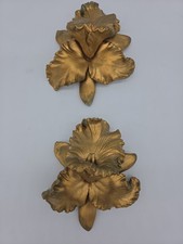 Vtg Gorgeous Chalkware Orchids Gold Tone Wall Plaques 7