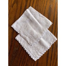 Vintage White Linen Handkerchief Set Scalloped Edge Hand Embroidered Eyelet 2pc picture