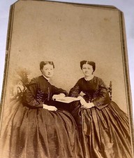 Antique Victorian American Civil War Era Women, Matching Dress & Book CDV Photo picture